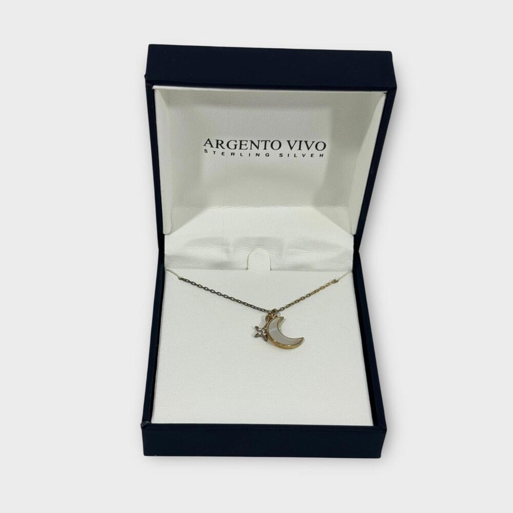 Argento Vivo Sterling Silver Mother of Pearl Moon and Star Charm 16” Necklace - Picture 1 of 6
